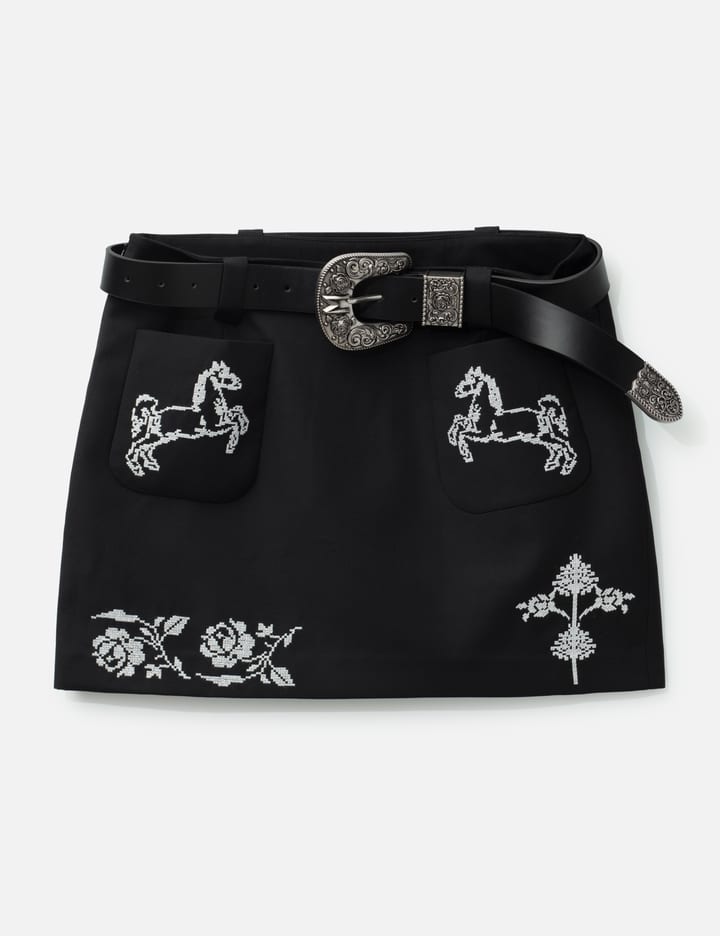 Black Cross Stitch Embroidered Skirt With Detachable Belt