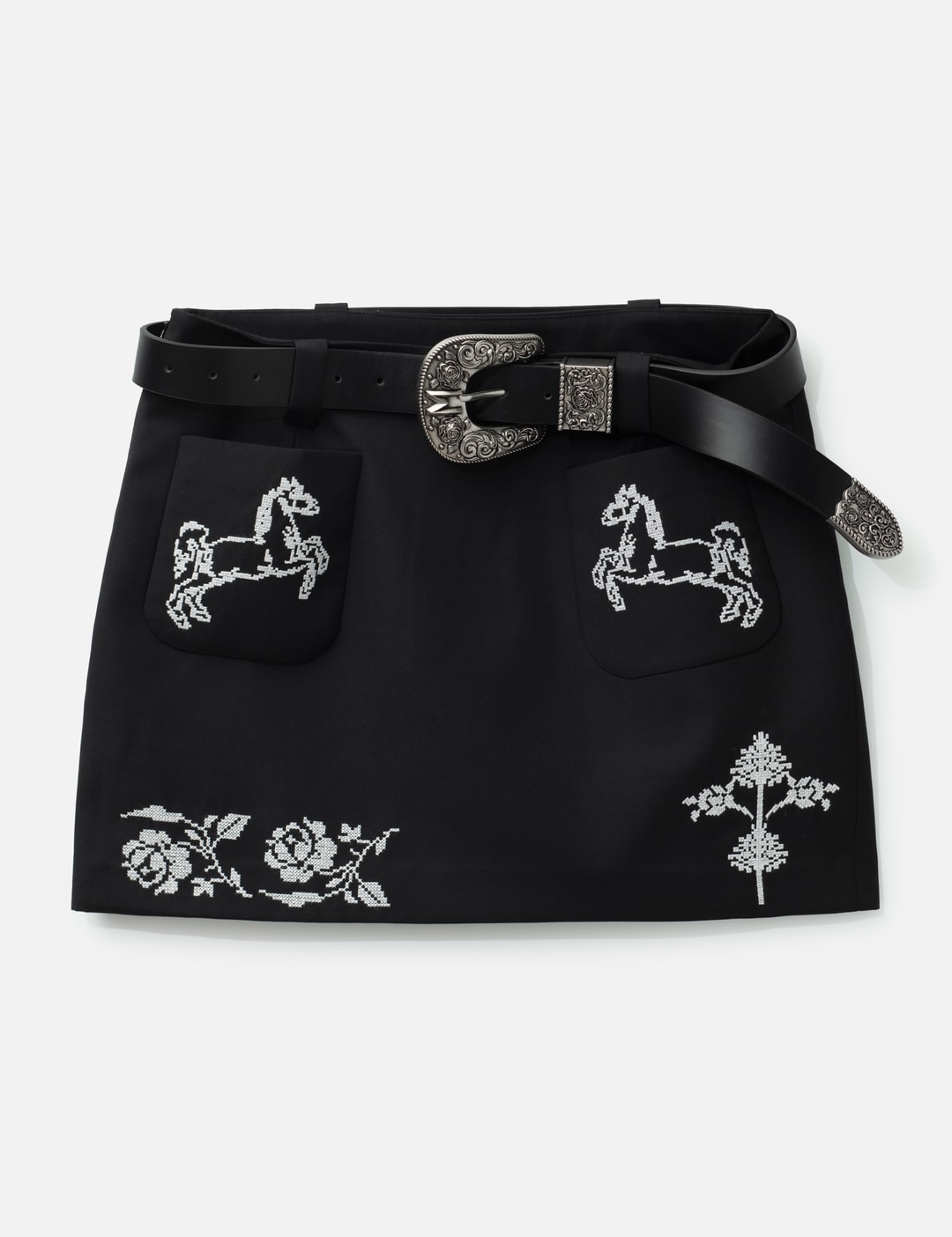Black Cross Stitch Embroidered Skirt With Detachable Belt view 7