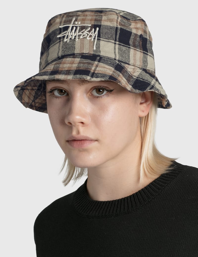 Stussy Earth Plaid Basic Bucket Hat - Navy