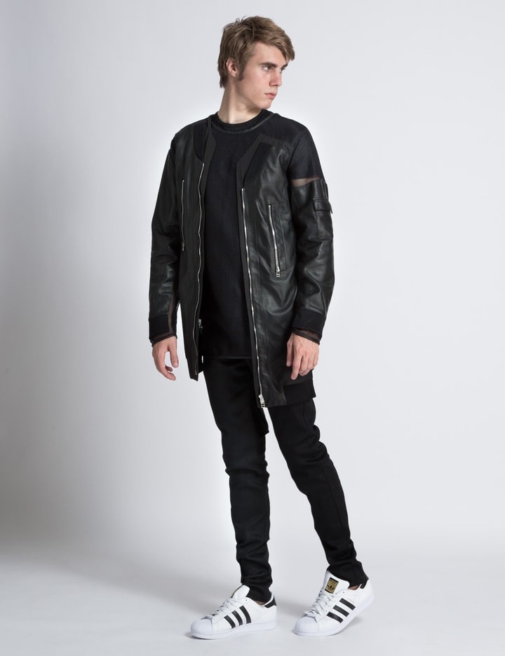 Black Leather Panel Bomber Jacket with Mesh Combo Placeholder Image