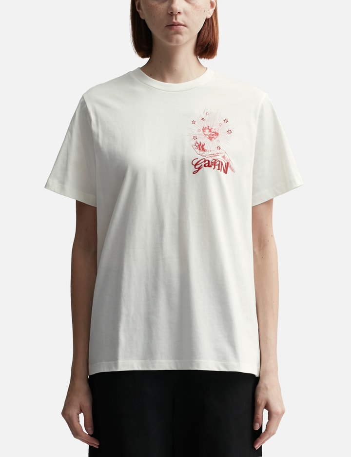 Ganni Basic Jersey Celestial Poster Relaxed T-shirt In Beige