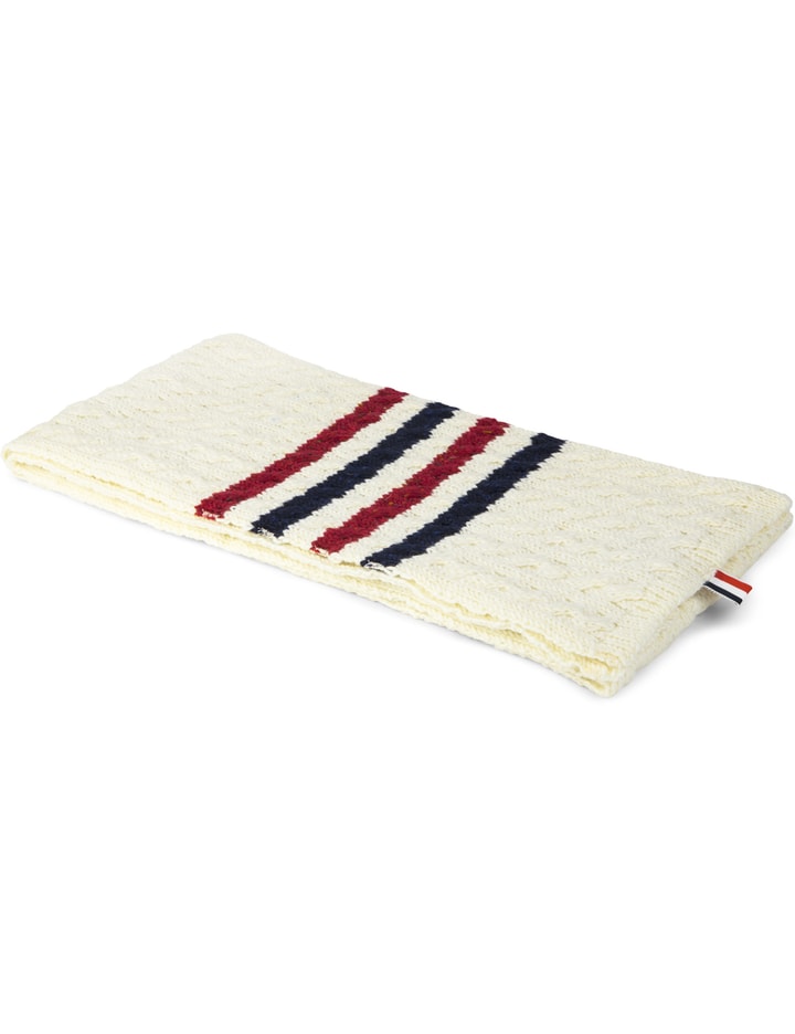 White Donegal Wool Baby Cable Scarf With Red White Blue Tipping Placeholder Image