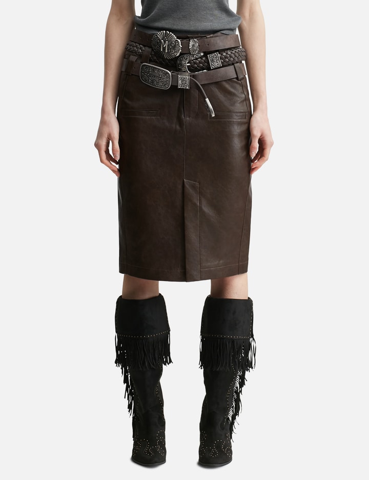 BROWN FAUX LEATHER PENCIL SKIRT WITH DETACHABLE BELTS Placeholder Image