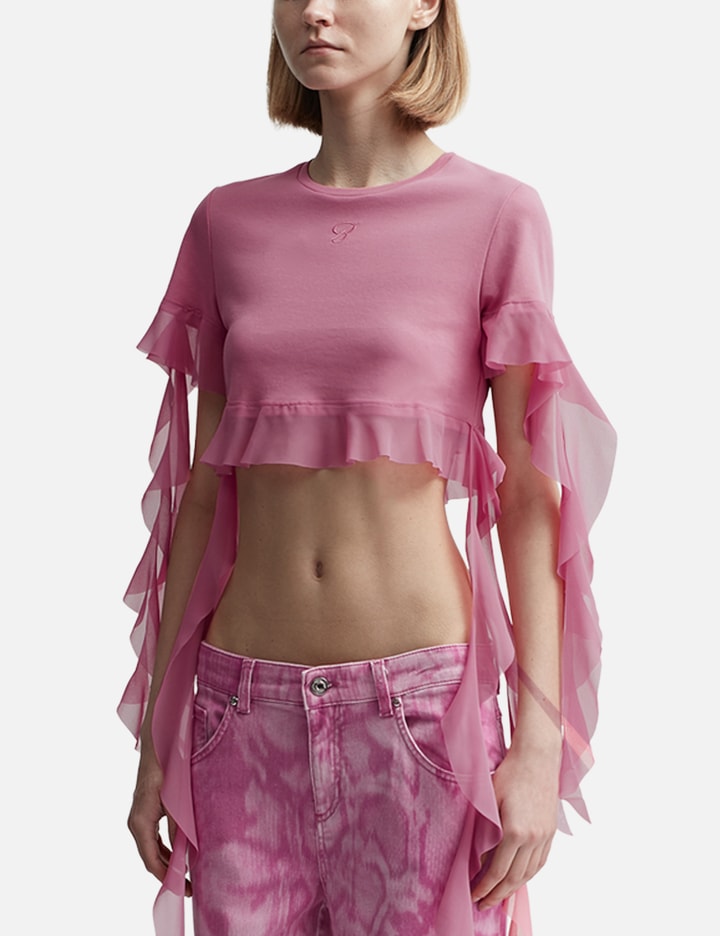Shop Blumarine Cropped T-shirt With Ruffles And Flounces In Pink