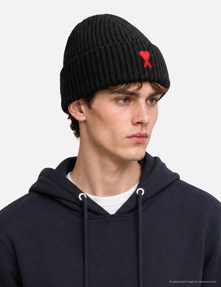 Ami Black Wool Beanie With Ami De Coeur