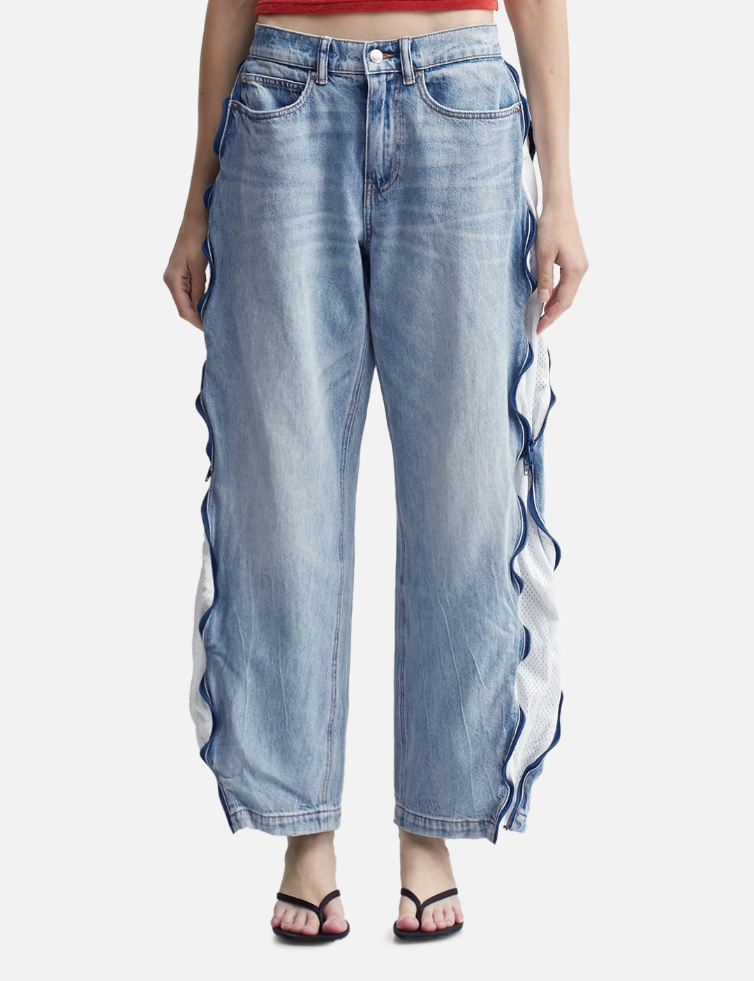 Bleach Blue Denim And Mesh Zipper Pants view 14
