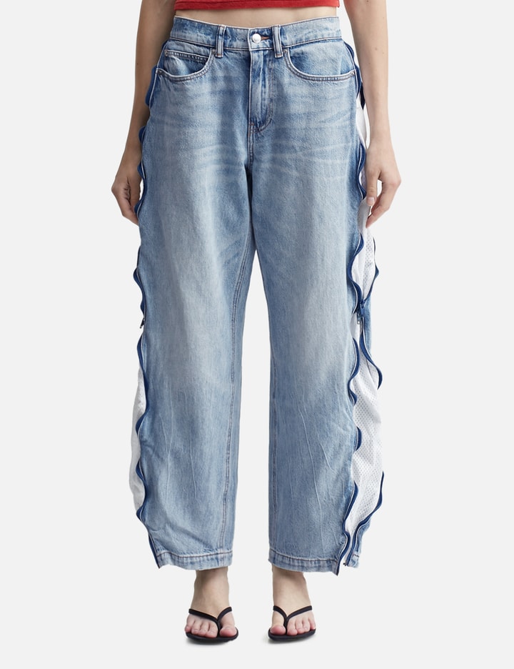 Bleach Blue Denim And Mesh Zipper Pants Placeholder Image