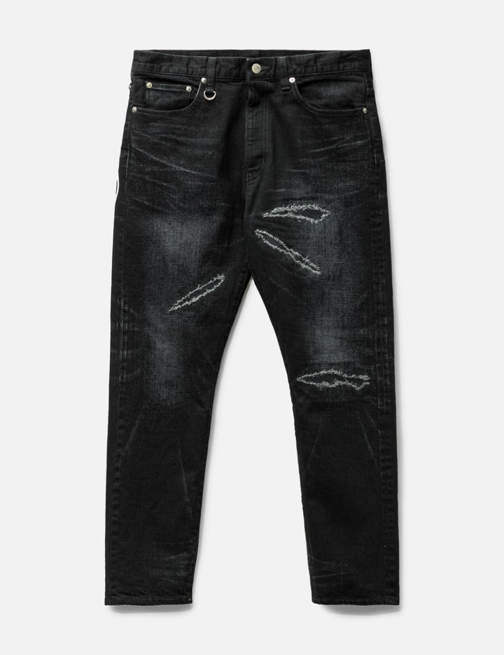 Uniform Experiment Damaged Denim Tapered Trousers In Black