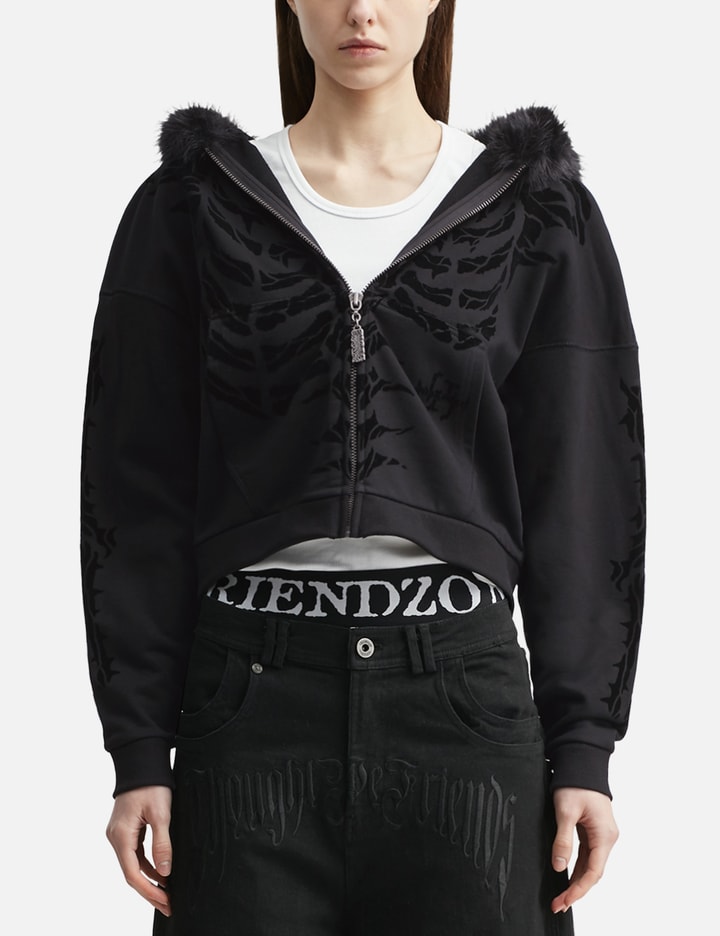 Thought We Friends "Aaron" Black Skeleton Zip-Up Hoodie With Faux Fur Hood