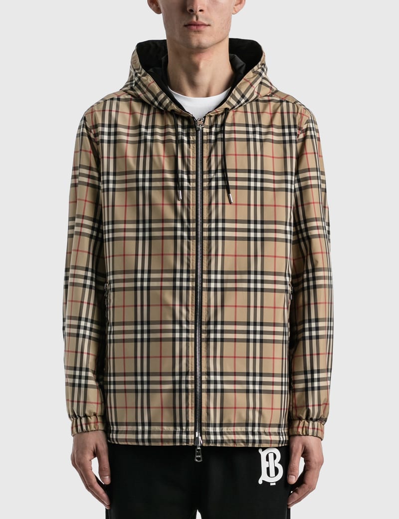 reversible check recycled polyester hooded jacket