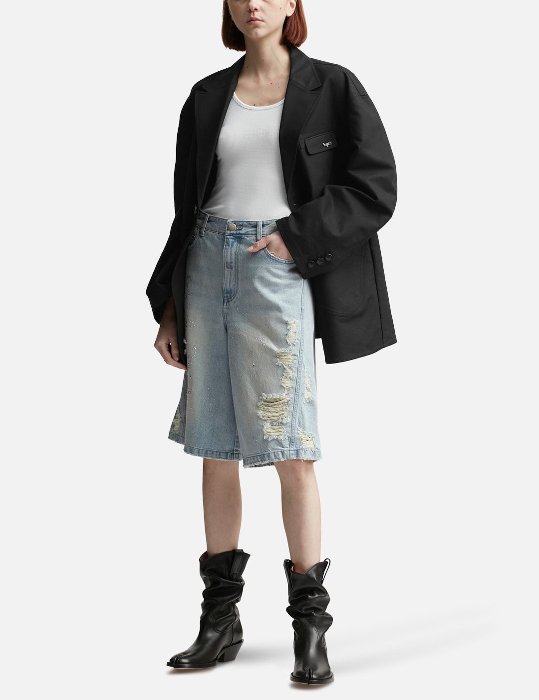 Crystal-Embellished Ripped Denim Shorts view 12
