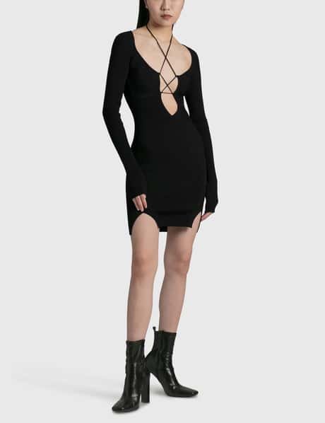 Nensi Dojaka Deep V-Neck Draped Bra Long Sleeve Dress in Black