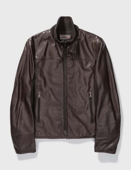Prada Prada Rib Knit Collar Zip-up Leather Jacket