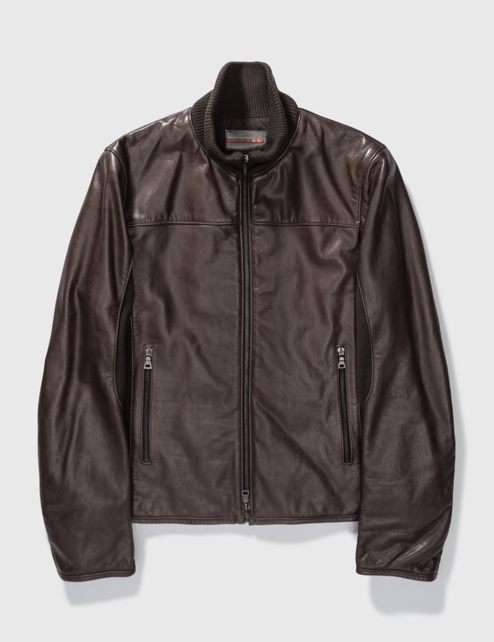 Prada Rib Knit Collar Zip-up Leather Jacket Placeholder Image