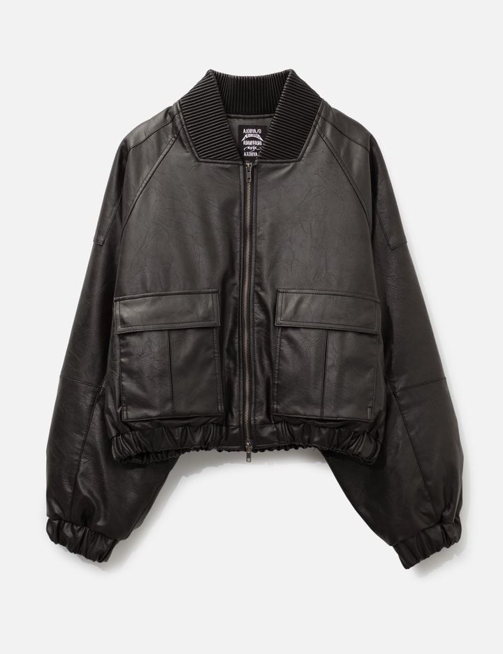 AJOBYAJO Faux Leather Ribbed Collar Blouson