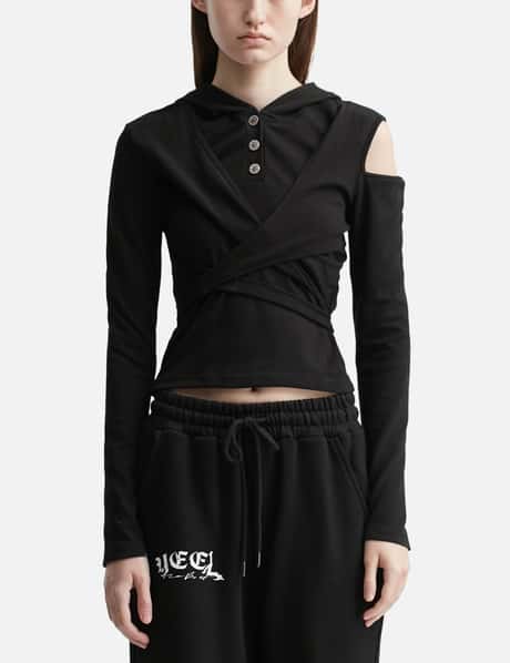 YEEL Strap Hooded Long Sleeve Top Black