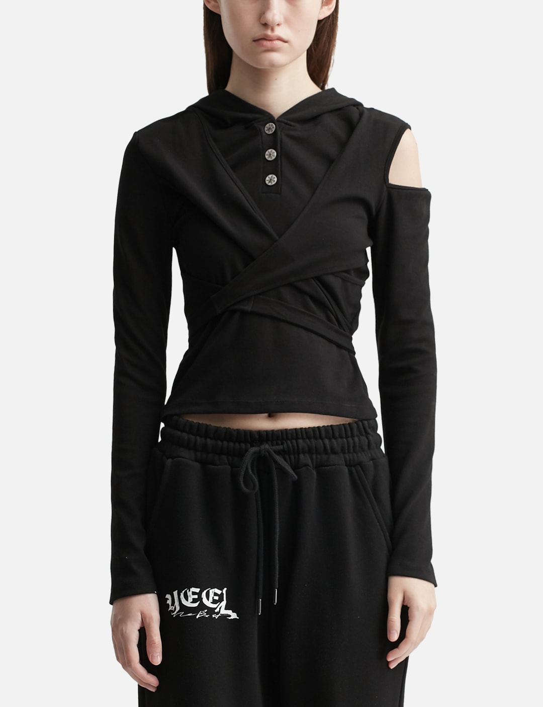 Strap Hooded Long Sleeve Top Black view 13