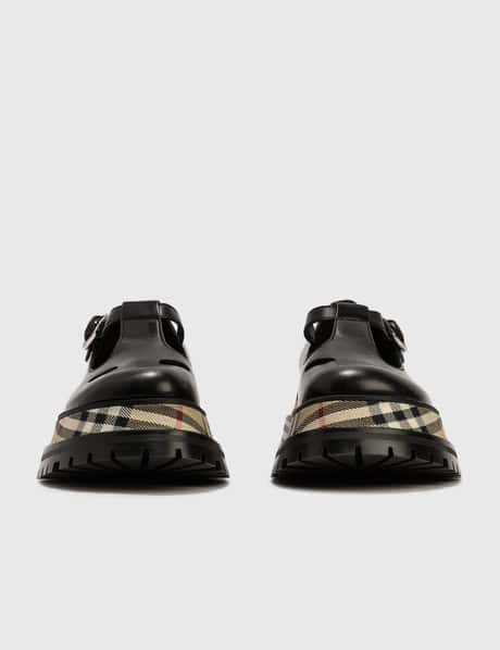 Burberry Smooth Leather T-bar Shoes With Check Detail HBX