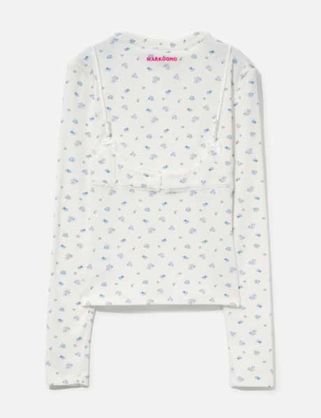 White Floral Print Lace-Trim Bralette Detail Long Sleeve Henley Shirt view 8