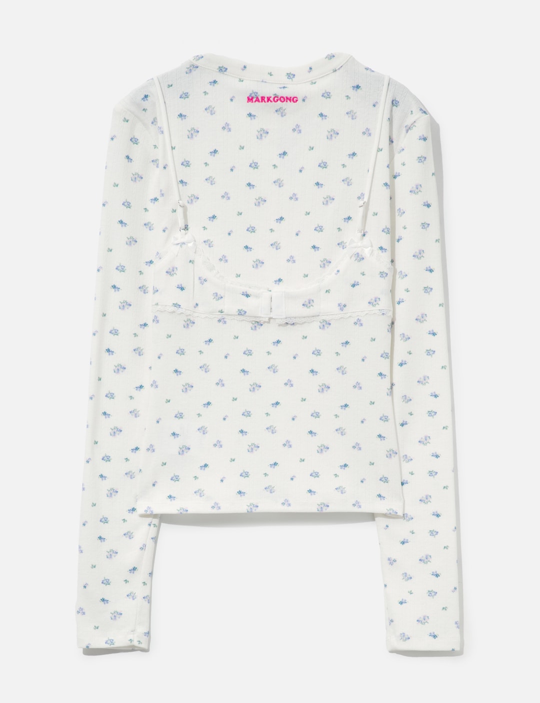 White Floral Print Lace-Trim Bralette Detail Long Sleeve Henley Shirt view 9