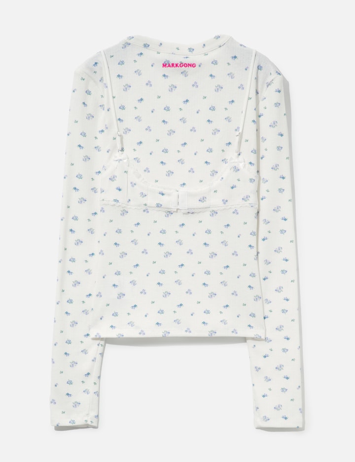 White Floral Print Lace-Trim Bralette Detail Long Sleeve Henley Shirt