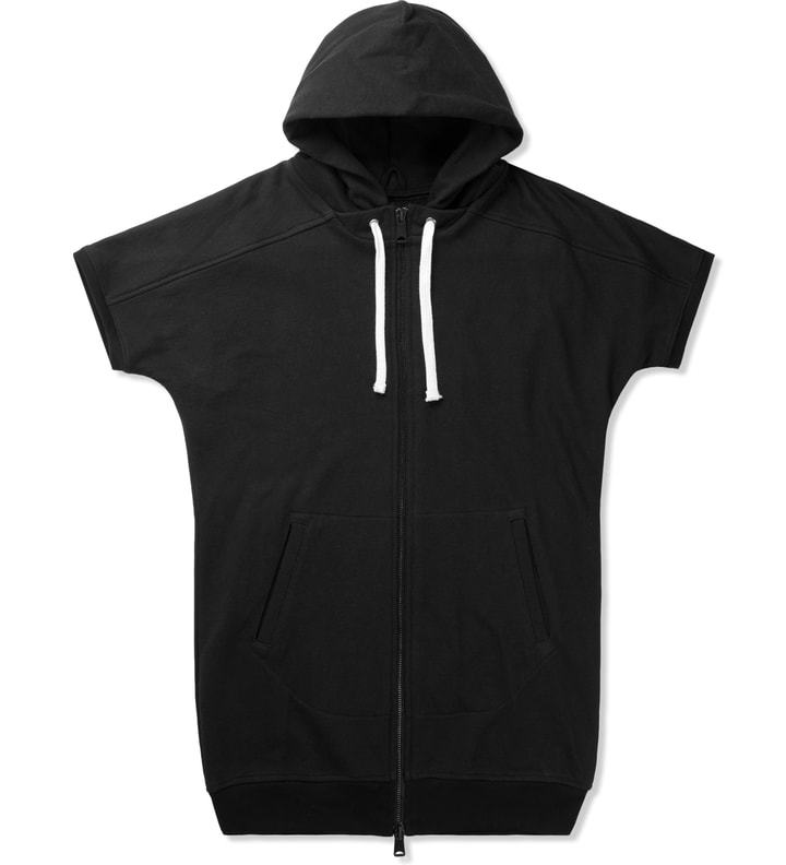 Drifter Magnus Short-Sleeve Zip-Up Long Hooded Sweatshirt in Black for Men