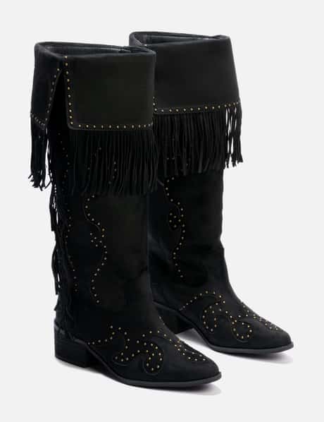 Studded Suede Fringe Boots Black view 11