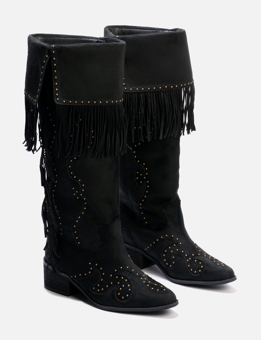 Studded Suede Fringe Boots Black view 12