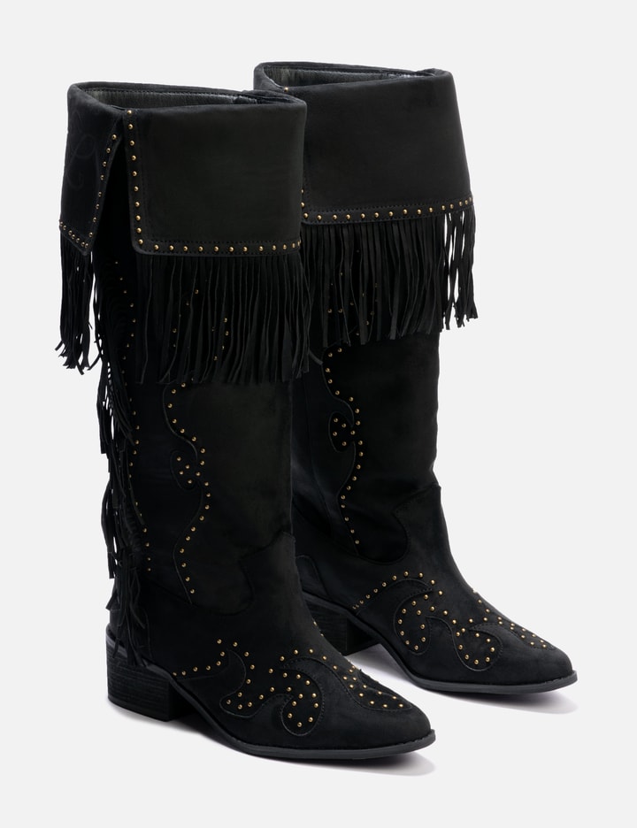 Studded Suede Fringe Boots Black Placeholder Image