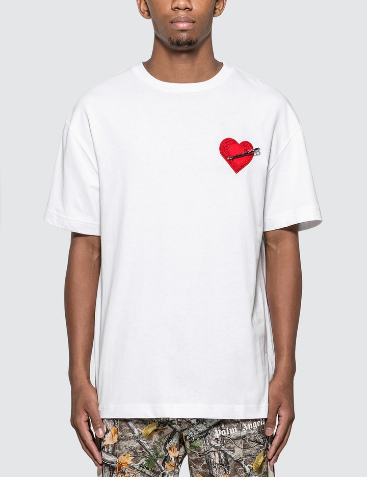 Palm Angels White T-shirt With Heart And Safety Pin