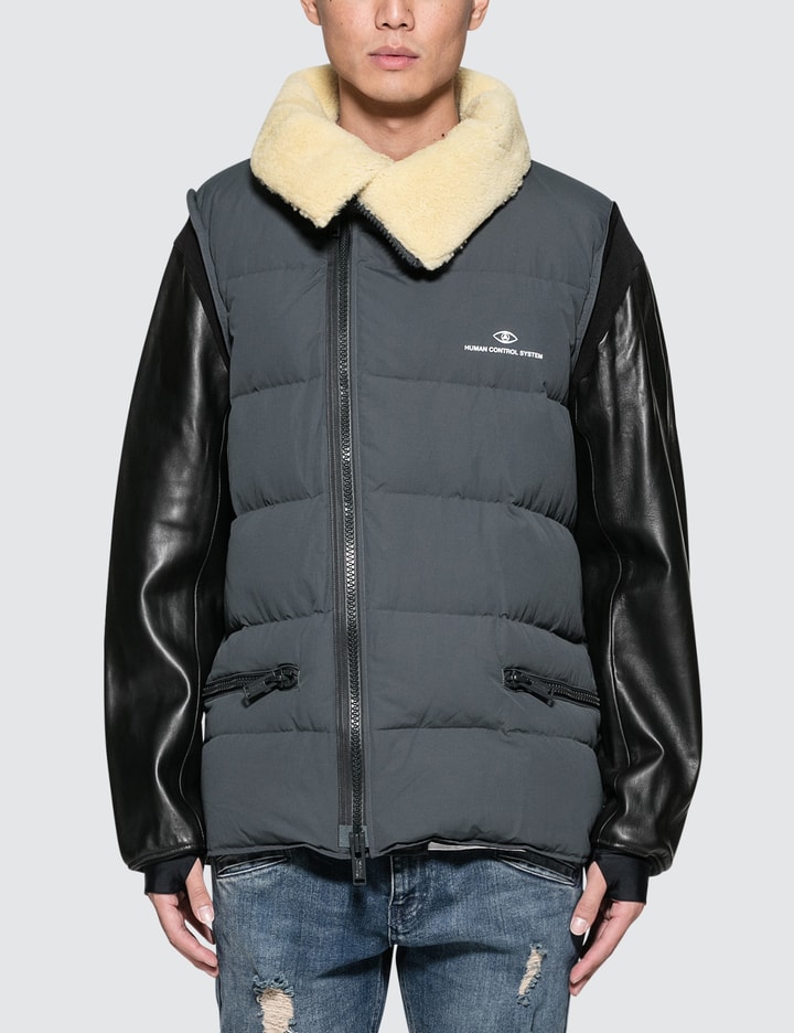 Puffer Jacket with Shearling Collar and Leather Sleeve Placeholder Image