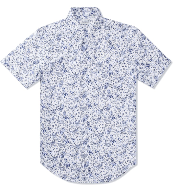 White/Blue Provencal Print S/S Button Down Shirt Placeholder Image