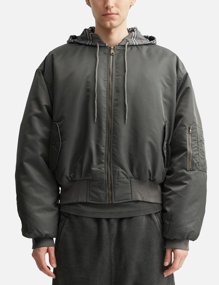 Praying Womens Plaid-hood Shell Bomber Jacket Grey Xs