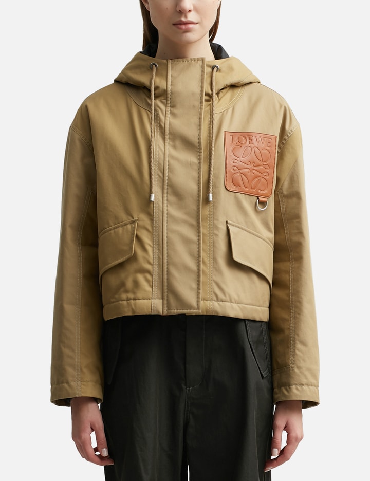 Loewe Cropped Hooded Leather-trimmed Cotton-twill Parka In Brown