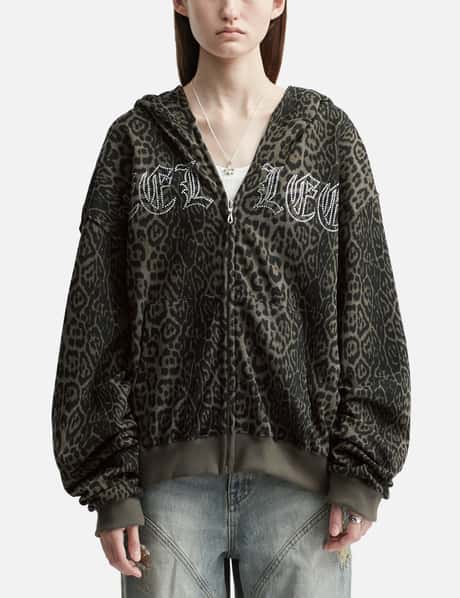 YEEL Studded Zip-up Hoodie Oversized Leopard