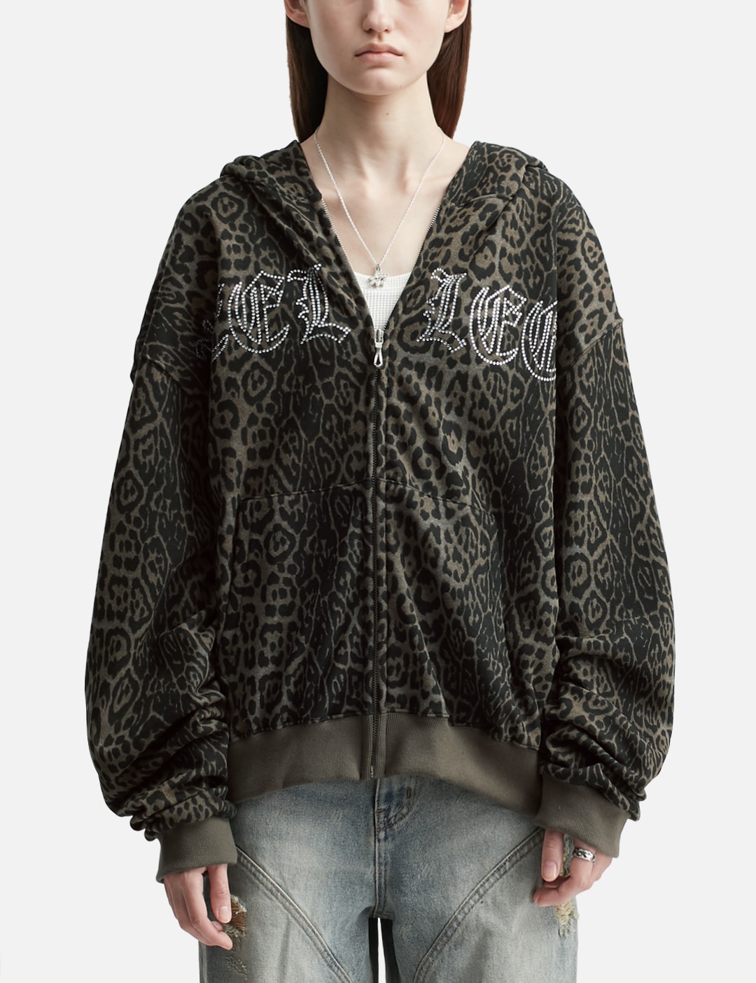 Studded Zip-Up Hoodie Oversized Leopard view 13