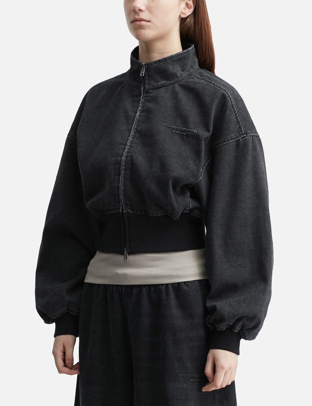 Black Brushed Denim Funnel Neck Jacket view 8