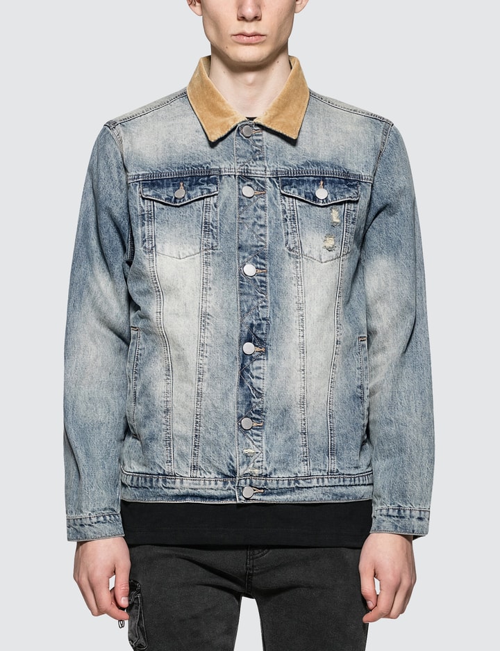 Printed Floral Birds Distressed Denim Jacket with Corduroy Collar Placeholder Image