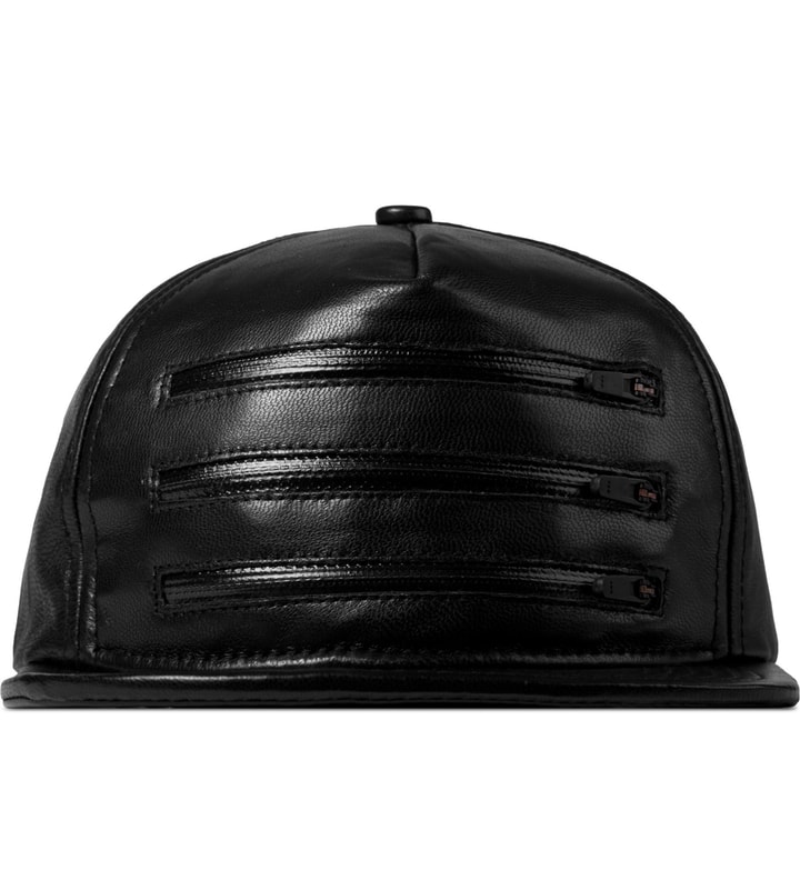 Black 3 Zipper Leather Snapback Cap Placeholder Image