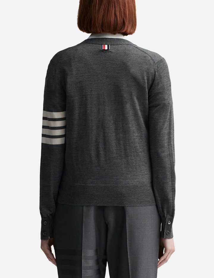 Shop Thom Browne Fine Merino Wool V-neck 4-bar Cardigan In Grey