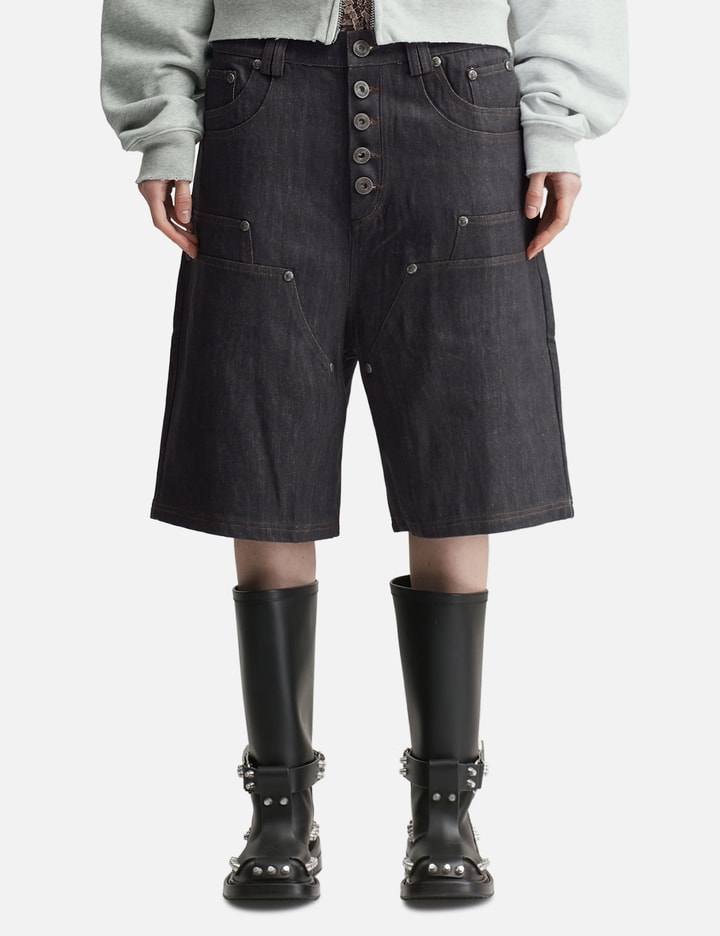 "Rexel" Waxed Double Knee Work Jorts In Japanese Raw Blue Denim view 3