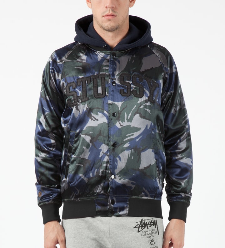 Blue Camo Satin Bomber Jacket Placeholder Image