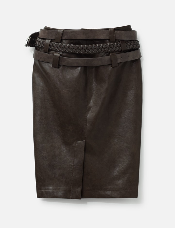 BROWN FAUX LEATHER PENCIL SKIRT WITH DETACHABLE BELTS Placeholder Image