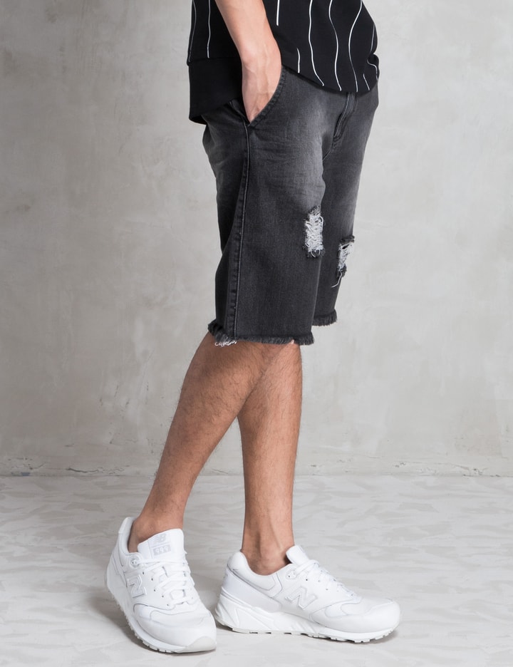 Washed Black Stressed Denim Shorts  Placeholder Image