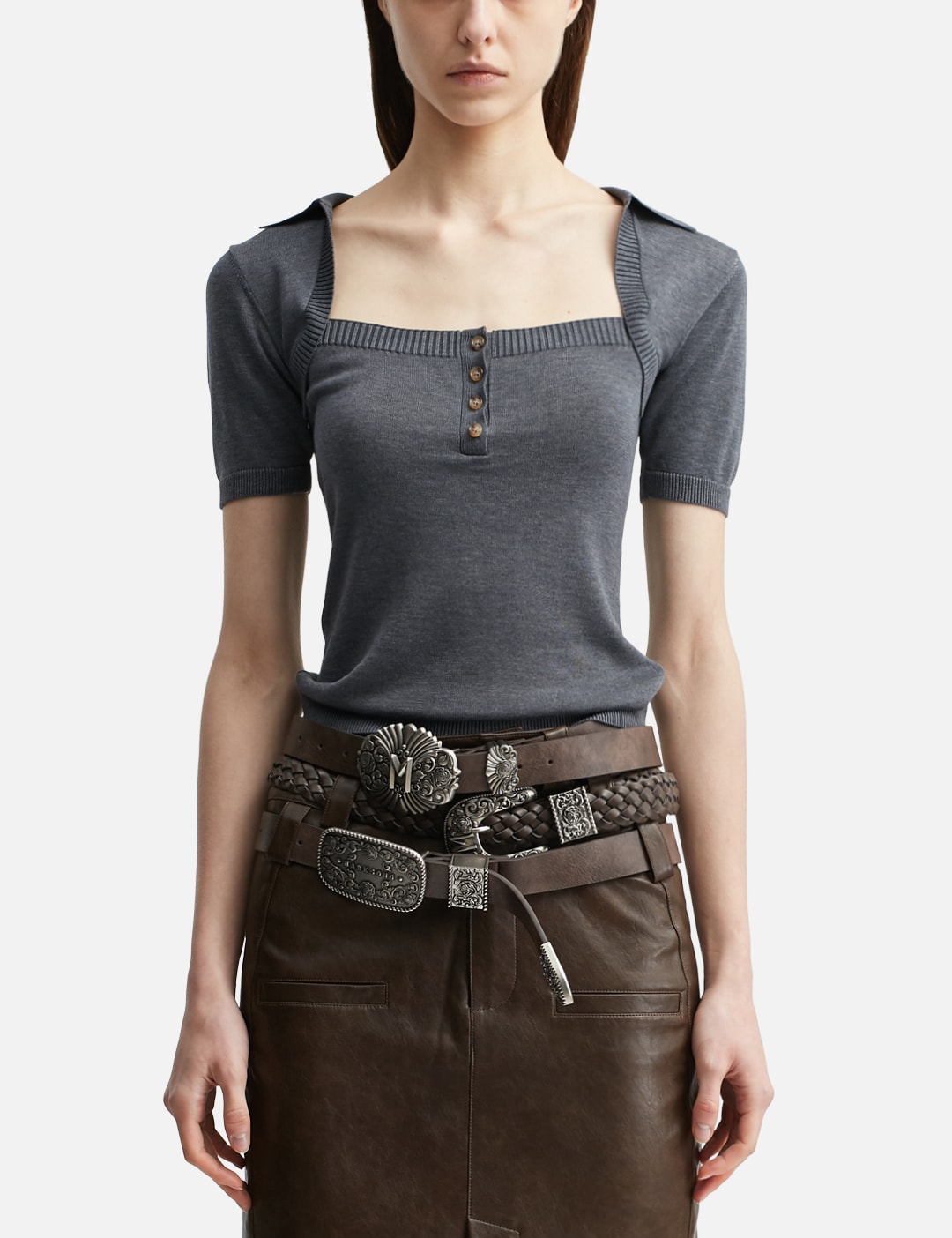 Grey Knit Short-Sleeve Button-Up Knit Top view 11