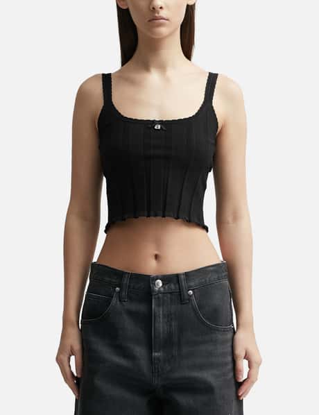 Black Rib Knit Crop Cami Tank Top For Women