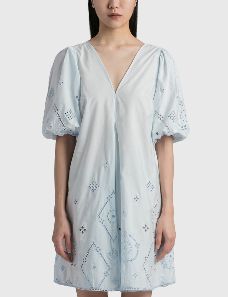 Ganni Broderie Anglaise Puff Sleeve Mini Dress
