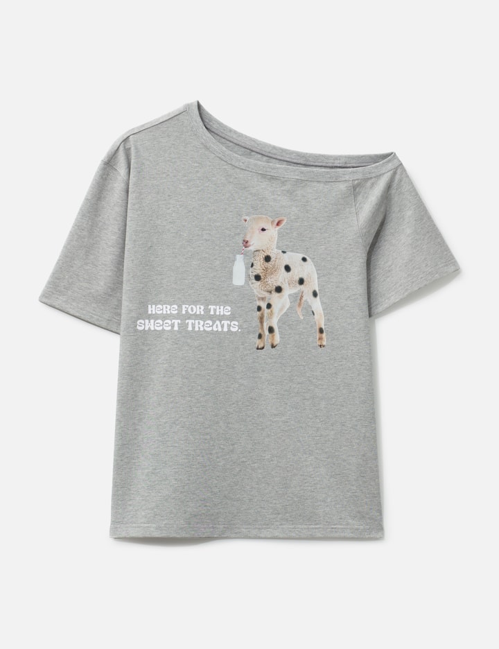 Off-Shoulder Short Sleeve T-Shirt With Sweet Treat Sheep Print Placeholder Image