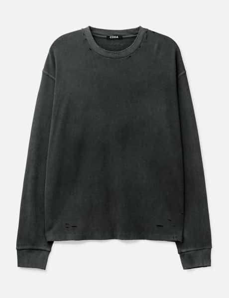 CODA Faded Black Aging Damaged Long Sleeve Waffle Tops