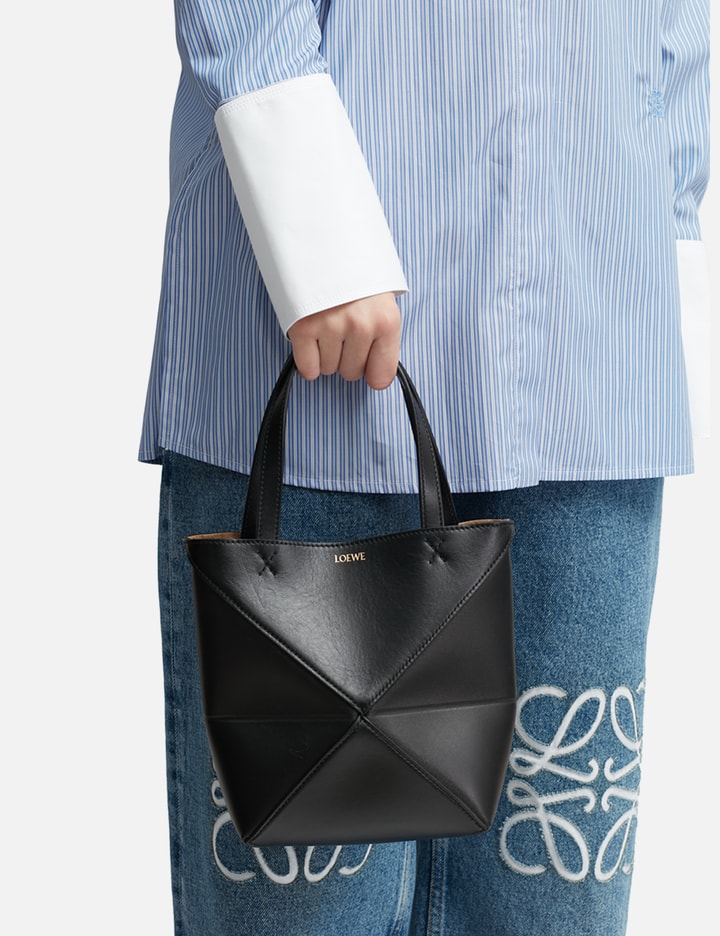 Loewe Mini Puzzle Fold Tote In Shiny Calfskin In Black